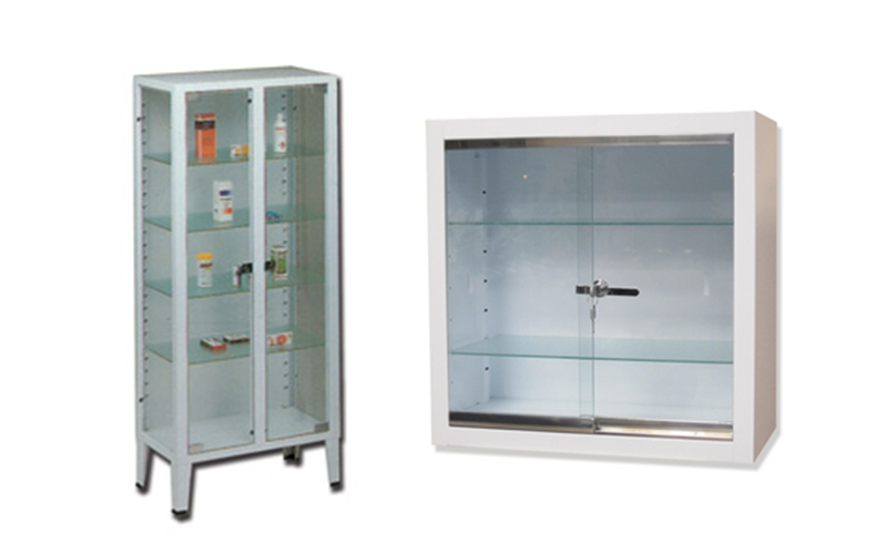 Painted glass and metal cabinets