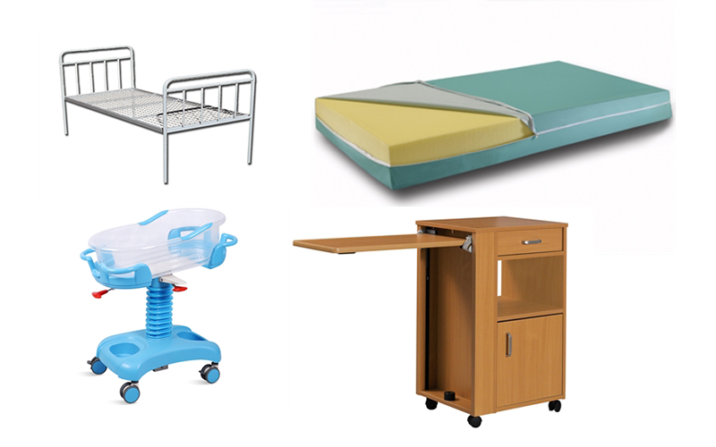 Hospital beds, mattresses, bedside tables and furniture